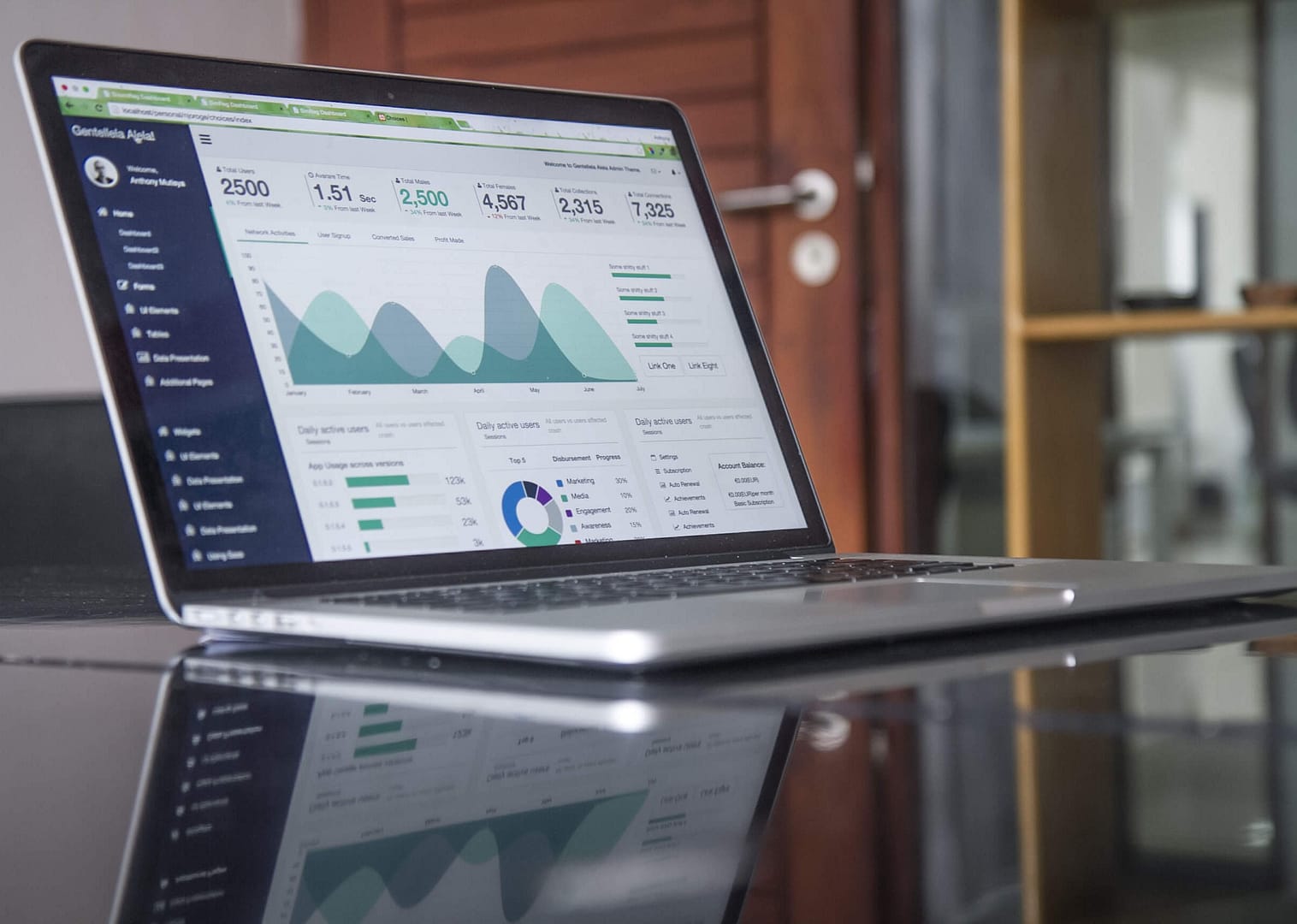 An open laptop displaying a comprehensive marketing dashboard featuring real-time statistics, charts, and graphs, providing valuable insights into campaign performance and engagement metrics.