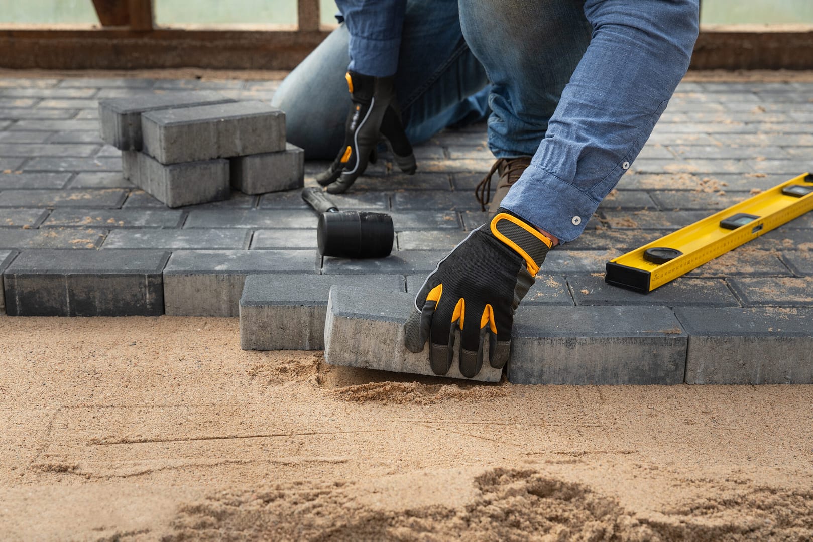 A worker expertly setting cobblestones for a driveway, showcasing the craftsmanship central to successful paving marketing."