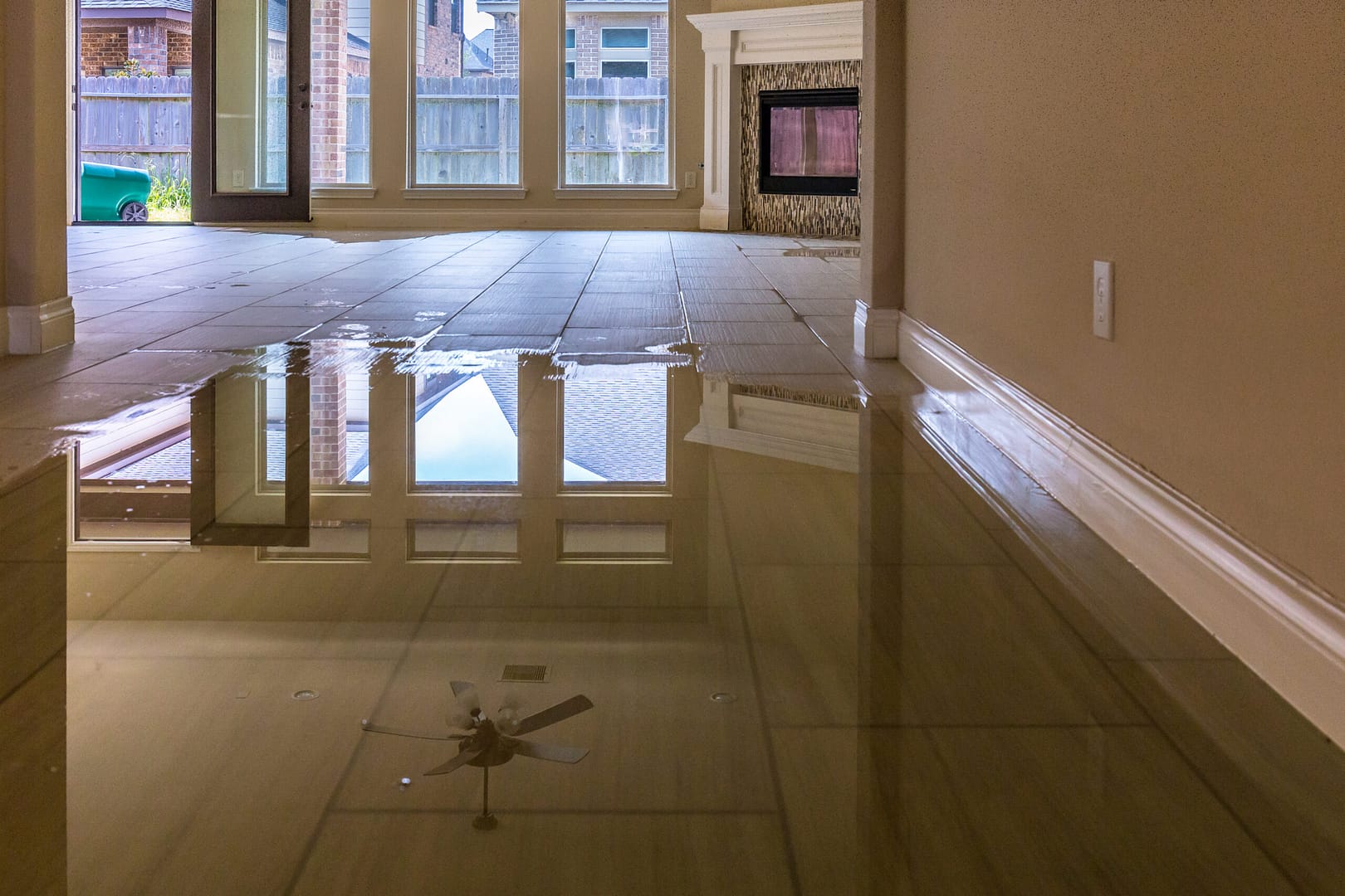 A house with water flood in the living area.