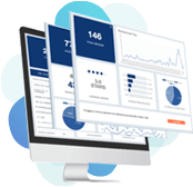 A computer monitor with three screens on top of it, showcasing advanced reporting tools and analytics, featuring charts and graphs,