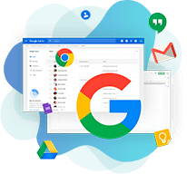 A Computer screen with the google logo on it, representing a suite of productivity tools including Gmail, Google Drive, Docs, Sheets, and Slides