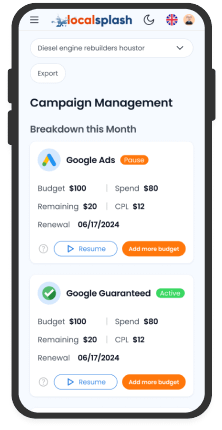 campaign at a glance Mobile screenshot of The Hub campaign management dashboard showing Google Ads and Google Guaranteed budgets, spend, CPL, and renewal dates.