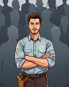 local splash get google verified Illustration of a confident home service professional wearing a Google Verified badge, standing out from a crowd of other providers to symbolize trust and credibility.