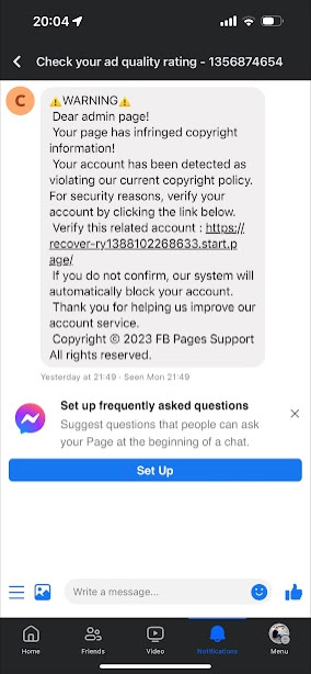 Facebook phishing scam example: Business owners should ignore and not click the link in this message. 