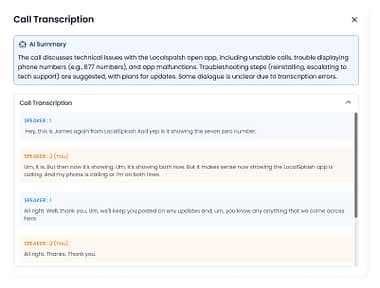 call transcription Screenshot of The Hub dashboard showing a call transcription and AI-generated summary, highlighting issues, outcomes, and follow-up details.