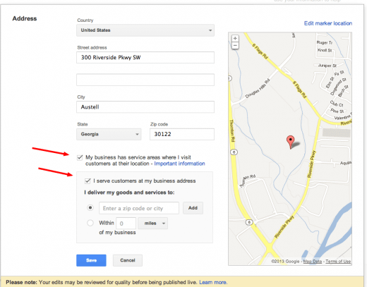 hide address service area feature G+ Local dash