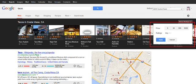 Price and review filter on Google local carousel