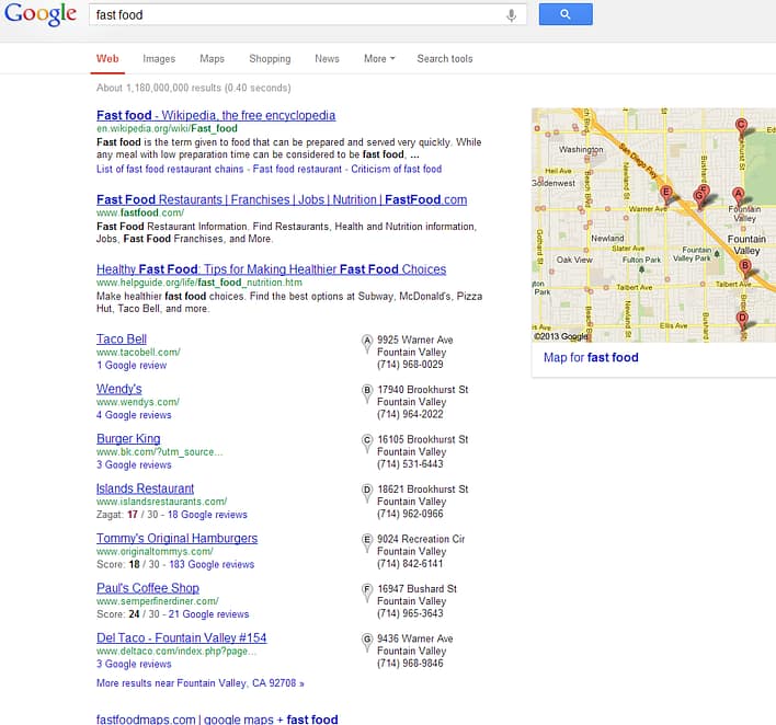 Google Desktop SERP for Fast Food