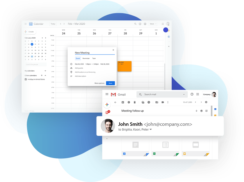 A computer screen with a Gmail account and Google calendar on it.
