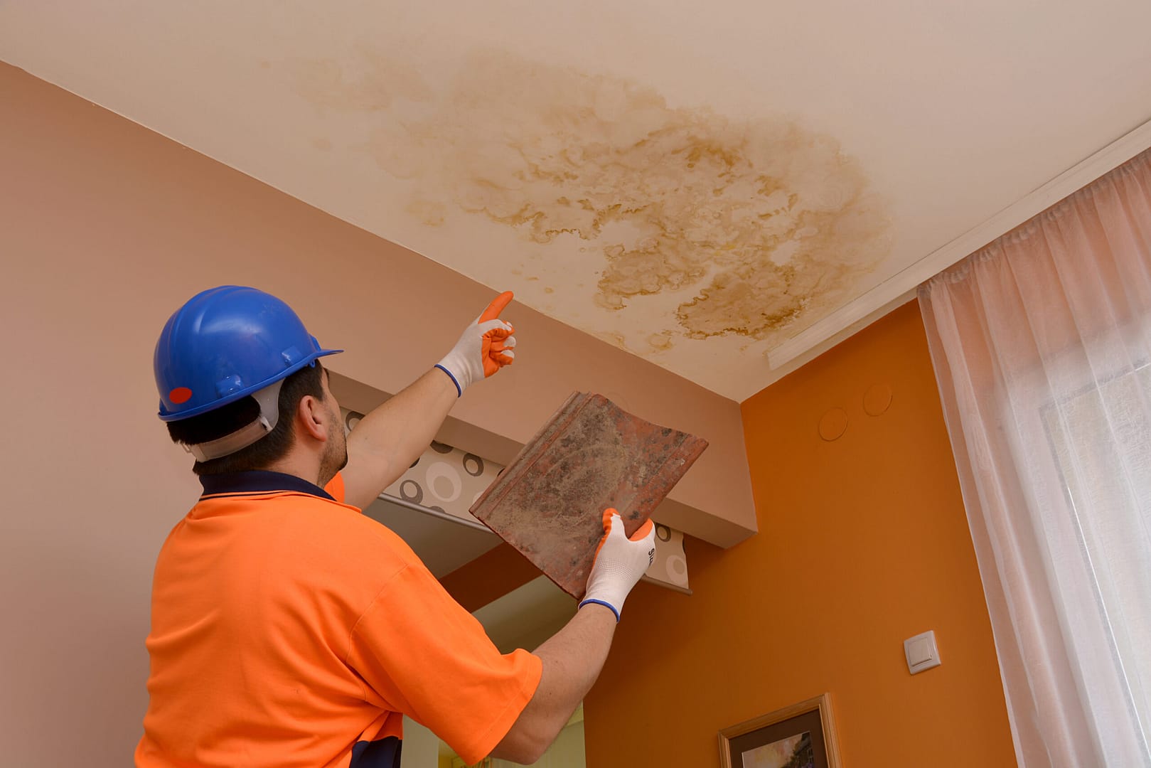 Remediation specialist examining water stains on a ceiling.
