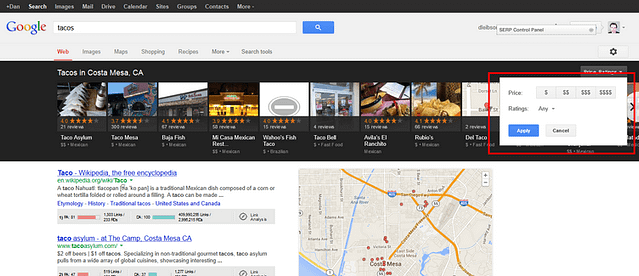 Price and review filter on google local carousel